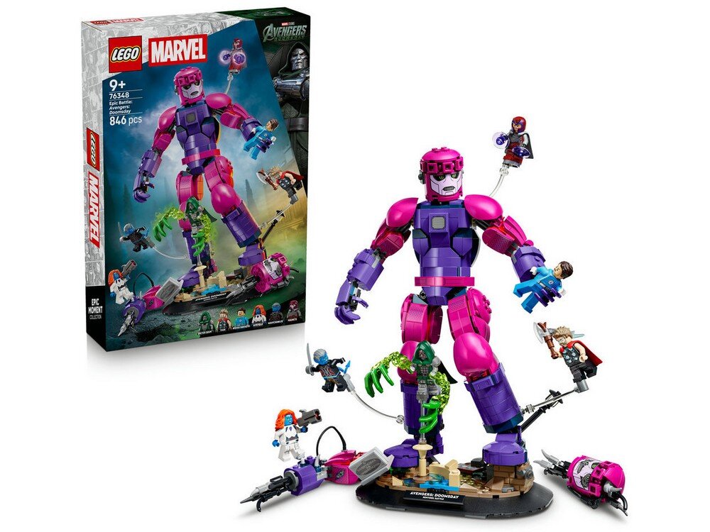 Na obrazie znajduje się zestaw LEGO przedstawiający dużą, różowo-fioletową figurkę robota z mniejszymi postaciami wokół niej. W tle widoczne jest pudełko z logo LEGO i Marvel oraz napisami \'9+\', \'76348\', \'840 pcs\'.