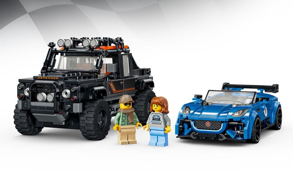 Na obrazie znajdują się dwa modele samochodów z klocków LEGO: czarny terenowy pojazd z napisem \'DEFENDER\' oraz niebieski sportowy samochód z logo Jaguara. Obok nich stoją dwie figurki LEGO przedstawiające postacie w ubraniach codziennych.