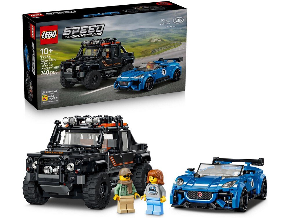 Zestaw LEGO przedstawia dwa modele samochodów: czarny Land Rover Defender i niebieski Jaguar Project 7, wraz z dwiema figurkami. Na opakowaniu widnieje napis \'LEGO Speed Champions 77264\' oraz liczba elementów \'740 pcs\'.