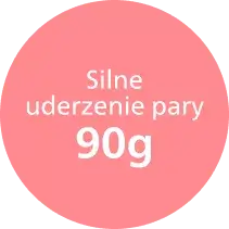 Różowe koło z białym tekstem: \'Silne uderzenie pary 90g\'.