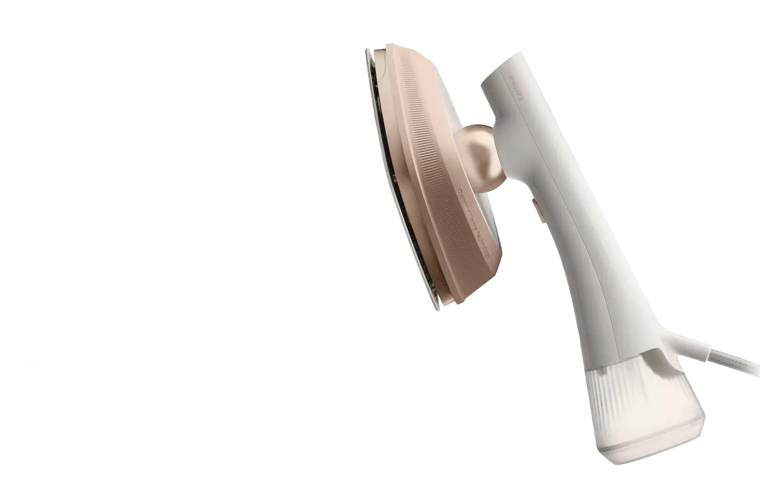 Na obrazie widoczna jest parownica do ubrań w kolorze białym z elementami w odcieniu różowego złota. Na urządzeniu znajduje się napis \'OneTurn Technology\'.
