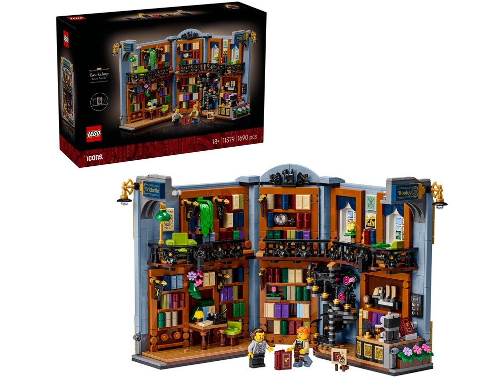 Zestaw LEGO przedstawia szczegółowy model księgarni z wieloma półkami pełnymi książek, roślinami i dekoracjami. Na opakowaniu widnieje napis \'LEGO Icons\' oraz numer zestawu \'11379\'.