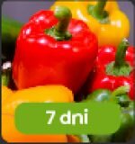 Kolorowe papryki w różnych odcieniach czerwieni, żółci i zieleni. Na obrazie widnieje napis \'7 dni\' na zielonym tle.