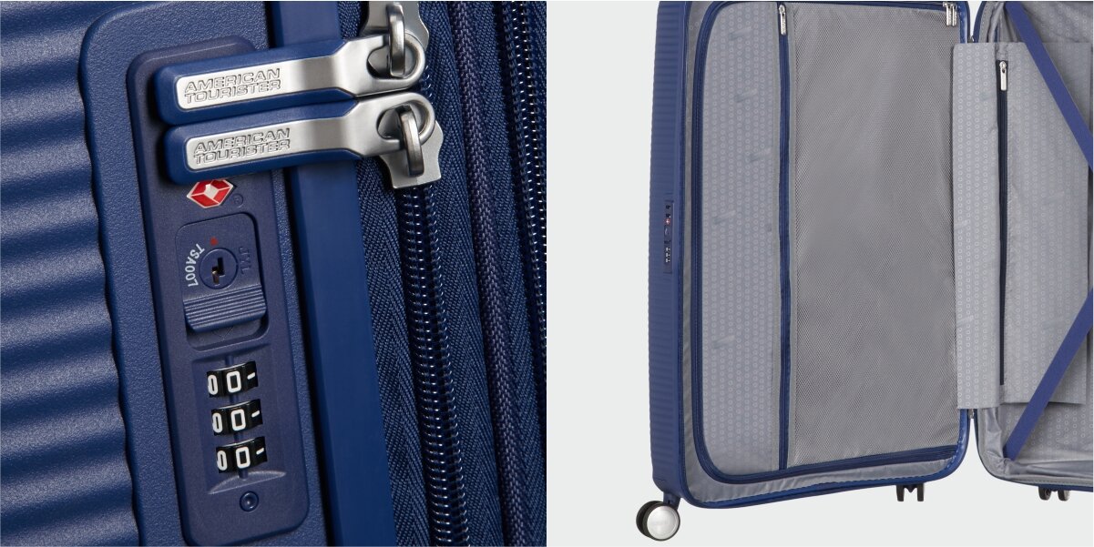 Walizka AMERICAN TOURISTER SoundBox 77 cm zamek bok tył suwak Bezpieczne podróżowanie wbudowany 3 cyfrowy zamek bezpieczeństwo ochrona bagażu bezpieczeństwo wymiary 77 x 51,5 x 29,5/32,5 cm