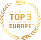 Złoty wieniec z tekstem \'beko One of the TOP 3 large home appliances brands in EUROPE\'.