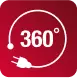 Czerwony kwadrat z białym okręgiem, wewnątrz którego znajduje się napis \'360°\' oraz symbol wtyczki elektrycznej.