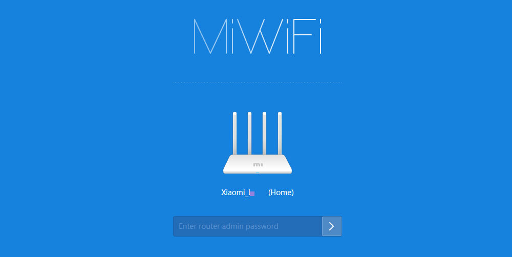 Na niebieskim tle widoczny jest biały router z czterema antenami oraz napis \'MiWiFi\' u góry. Pod routerem znajduje się tekst \'Xiaomi (Home)\' oraz pole do wpisania hasła administratora routera z przyciskiem strzałki.