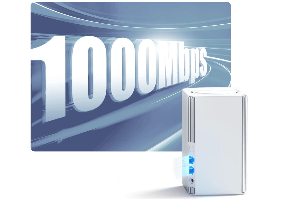 Obraz przedstawia biały router z niebieskimi diodami, obok którego widnieje napis \'1000Mbps\' na tle dynamicznych linii. Router ma prostokątny kształt z zaokrąglonymi krawędziami.