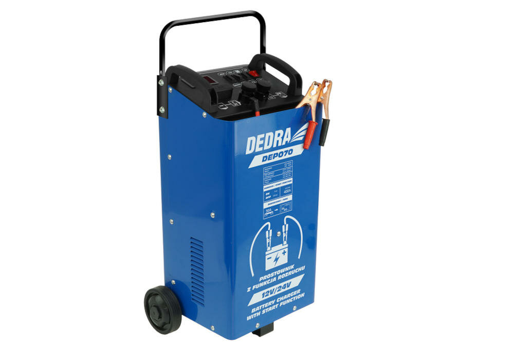 DEDRA-DEP070 prostownik ładowanie akumulator rozruch wskaźnik natężenie prąd kieszeń przewody uchwyty łatwy transport koła zabezpieczenie przeciwzwarciowe przeładowanie