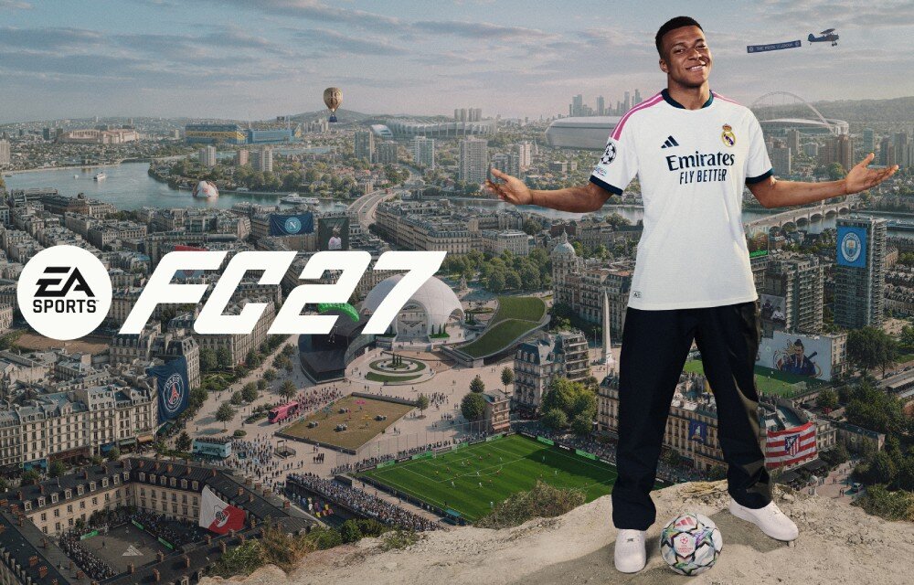Na tle panoramy miasta stoi osoba w stroju piłkarskim, obok widoczny jest napis \'EA SPORTS FC27\'.