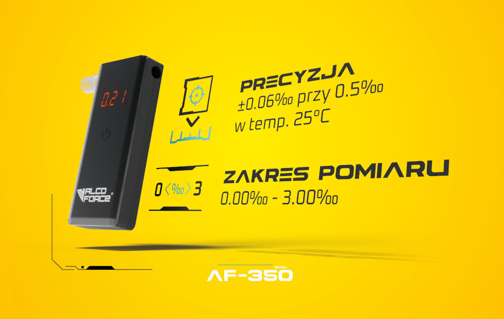 Alkomat ALCOFORCE AF-350 grafika przedstawiona na żółtym tle po skosie widoczny alkomat precyzja ok ± 0,06 ‰ przy stężeniu 0,5 ‰ przy temp. 25 stopni Celsjusza