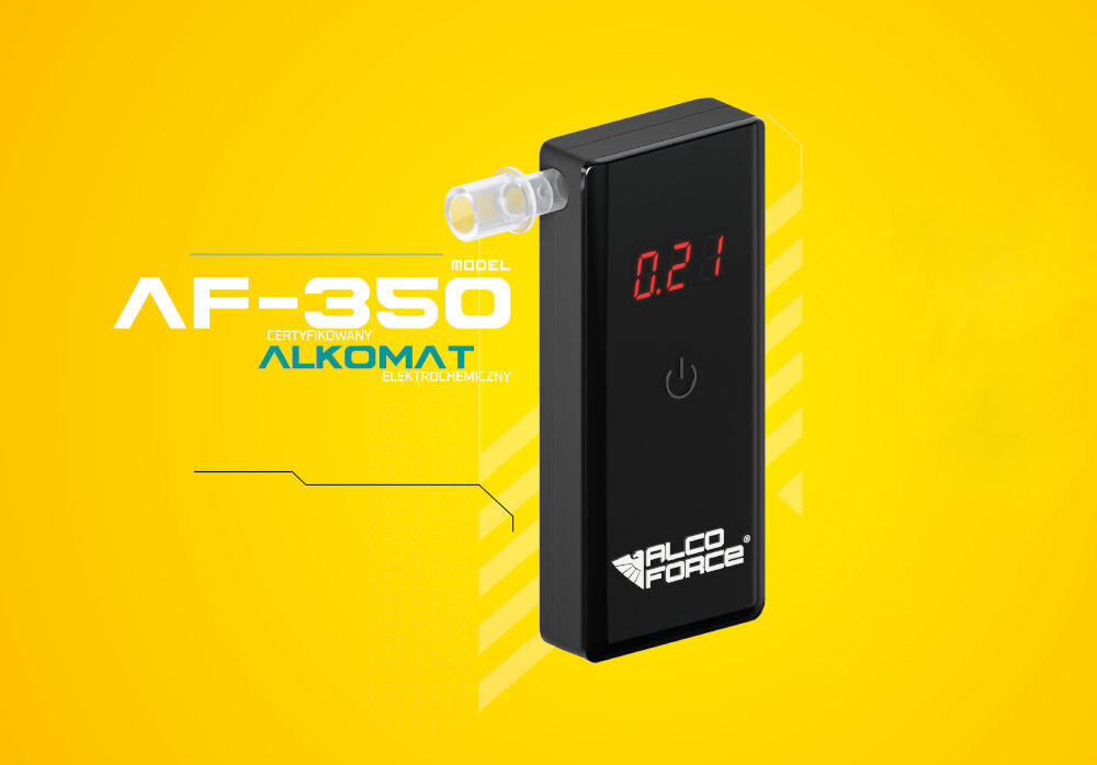 Alkomat ALCOFORCE AF-350 grafika przedstawiona na żółtym tle po skosie widoczny alkomat wymiary 1,8 × 4,5 × 10,5 cm waga 74g platynowy sensor elektrochemiczny IV generacji czarna obudowa