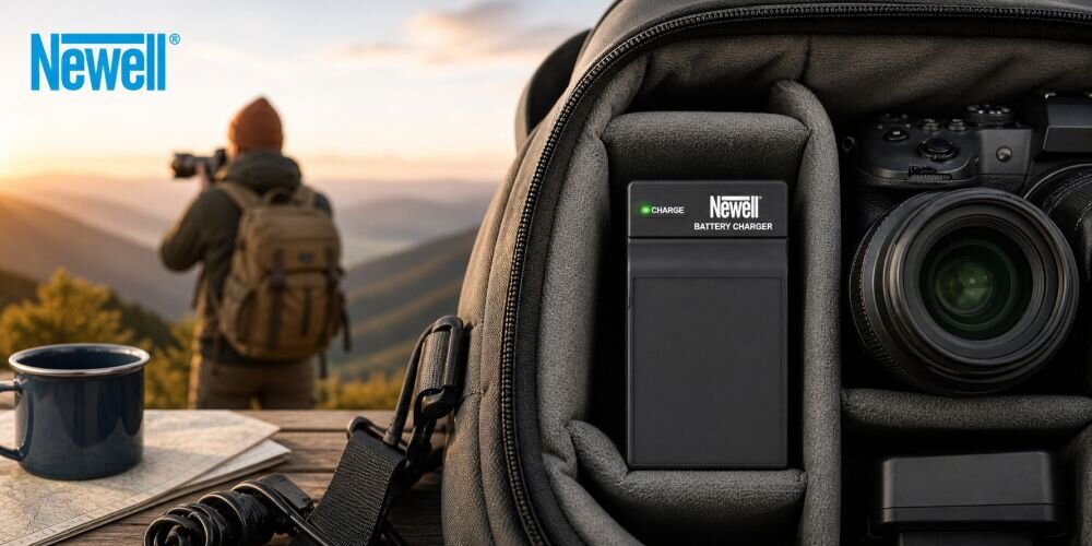 W plecaku fotograficznym znajduje się ładowarka Newell Battery Charger oraz aparat fotograficzny. W tle widoczny jest krajobraz górski z osobą robiącą zdjęcia.