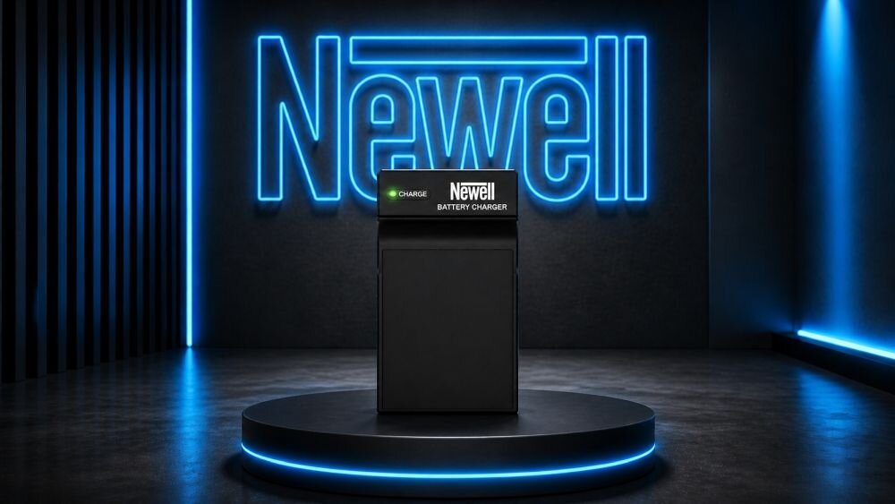 Na obrazie widoczna jest ładowarka z napisem \'Newell BATTERY CHARGER\' umieszczona na okrągłym podeście. W tle znajduje się duży, podświetlony napis \'Newell\'.