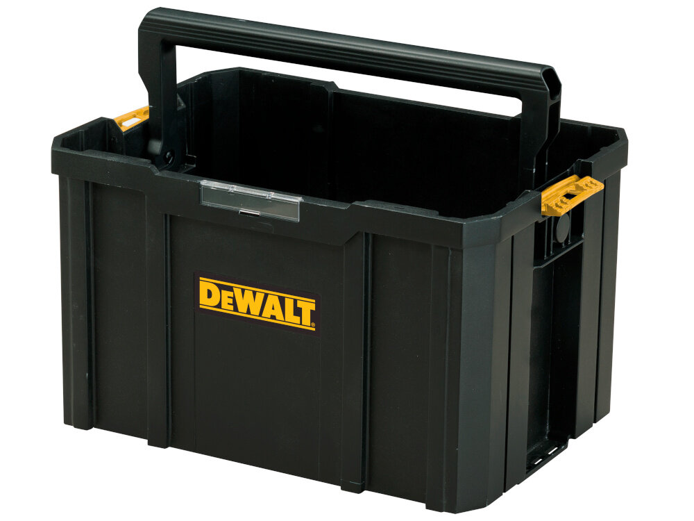Skrzynka narzędziowa DEWALT DWST1-71228 białe tło skrzynka widoczna od przodu pod skosem pojemność 26,5 litra na drobne akcesoria i większe elektronarzędzia duże wnętrze utrzymanie porządku