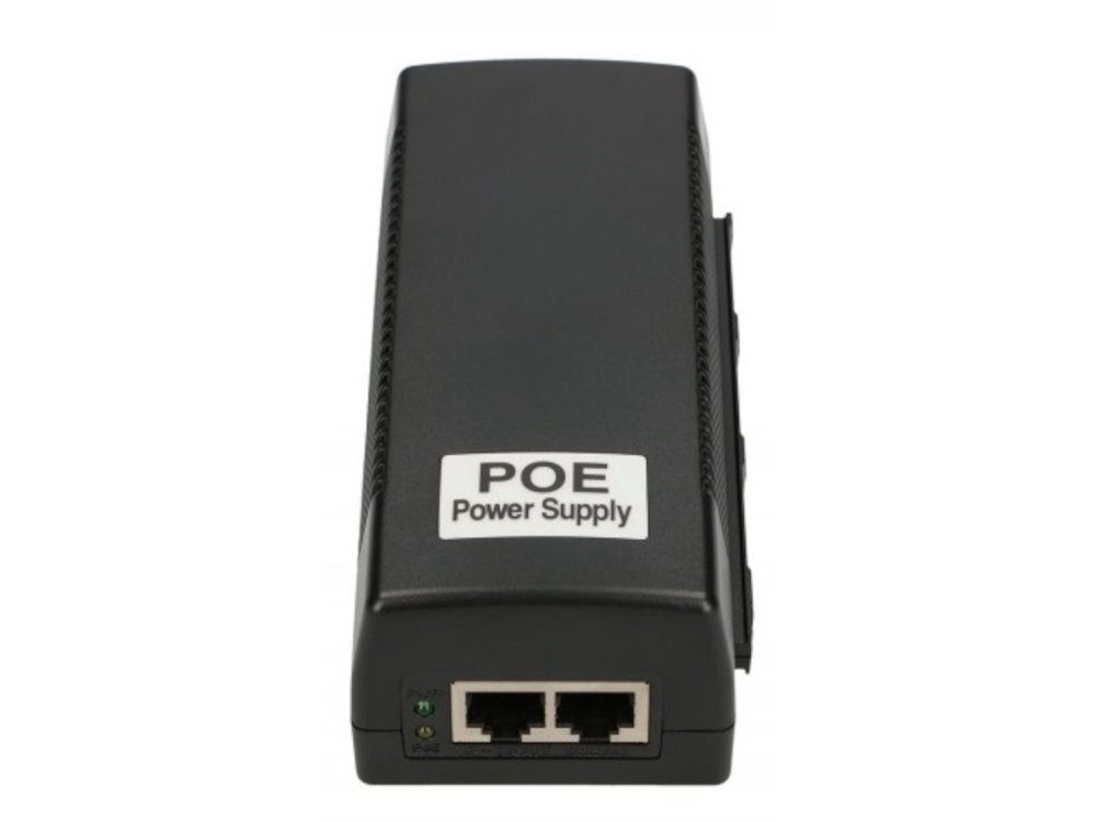 Zasilacz POE EXTRALINK PoE Extralink 48 V 48 W urządzeń sieciowych skrętkę media konwerter, access pointy czy kamery transmisji danych i energii elektrycznej - zasilacz od tyłu na białym tle