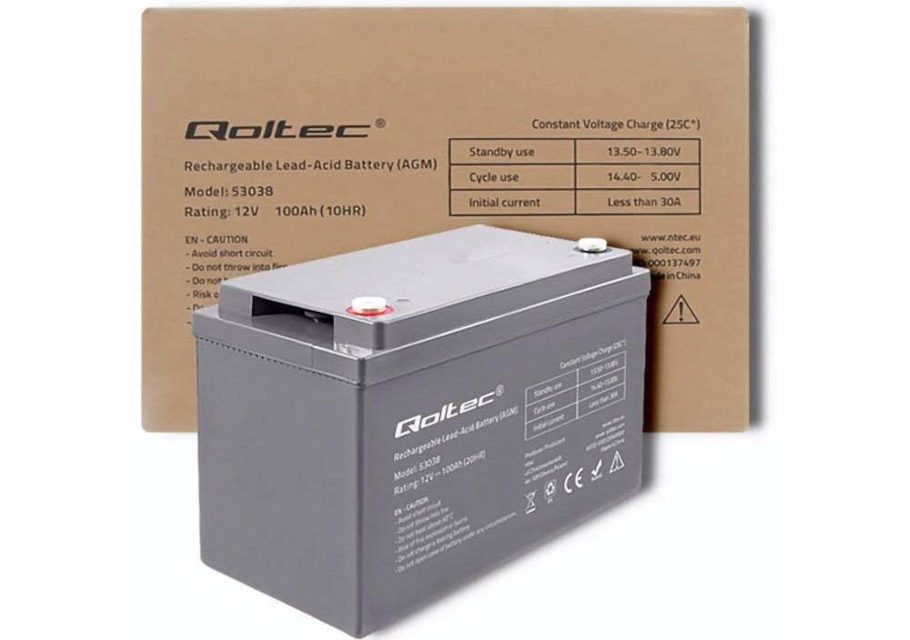 Akumulator QOLTEC 53038 100Ah 12V odporność wstrząsy temperatury bezpieczeństwo