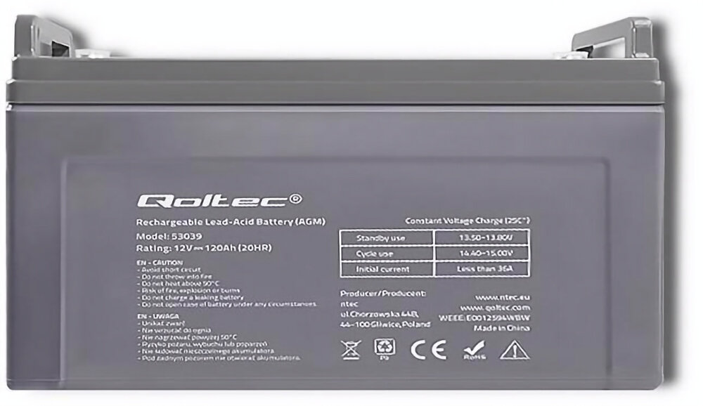 Akumulator QOLTEC 53039 120 Ah 12V awaryjne funkcjonalność napięcie wartość