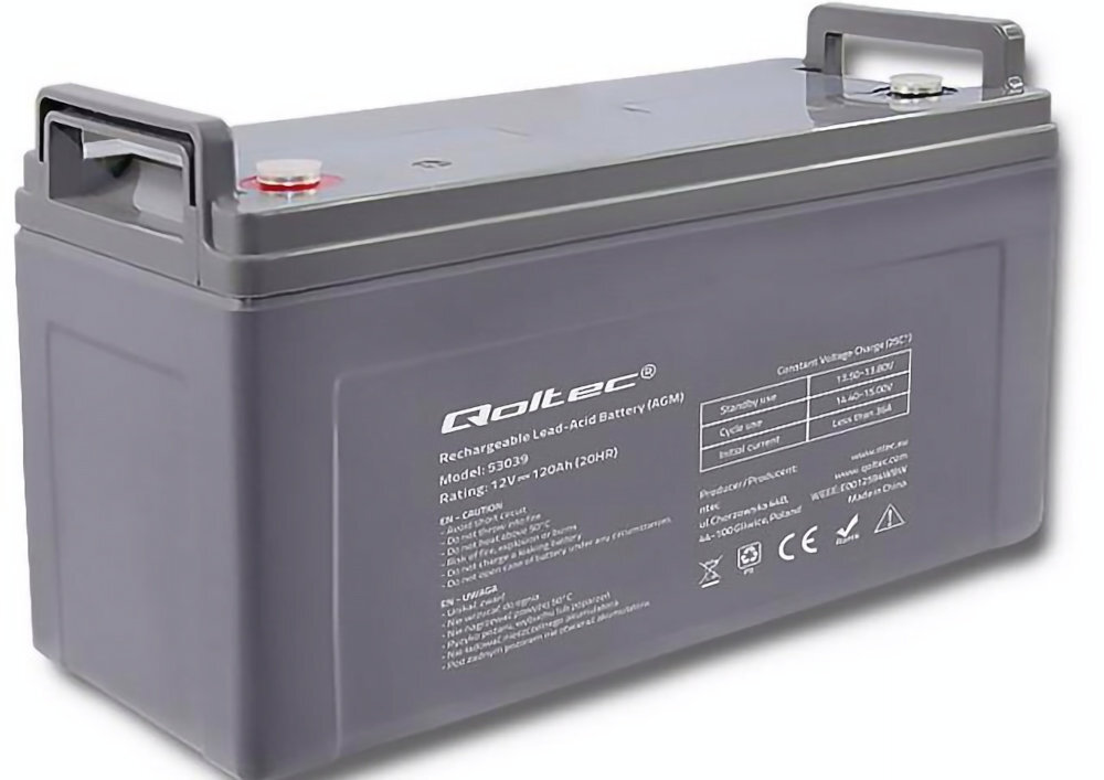 Akumulator QOLTEC 53039 120 Ah 12V odporność wstrząsy temperatury bezpieczeństwo