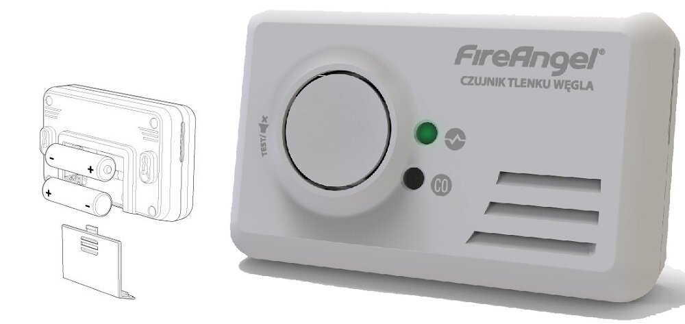 Czujnik tlenku węgla czadu FIREANGEL CO-9B-PLT energooszczedny zasilanie dwie baterie AA czas dzialania do 10 lat przypomnienie o koniecznosci wymiany baterii