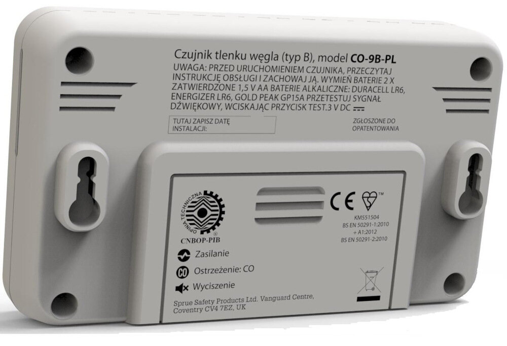Czujnik tlenku węgla czadu FIREANGEL CO-9B-PLT prosty montaz i obsluga do sciany postawiic na plaskiej powierzchni z wysokiej jakosci tworzywa sztucznego zakres temperatury od -10 do +40 stopni Celsjusza wilgotnosc od 30% do 90% RH bez kondensacji