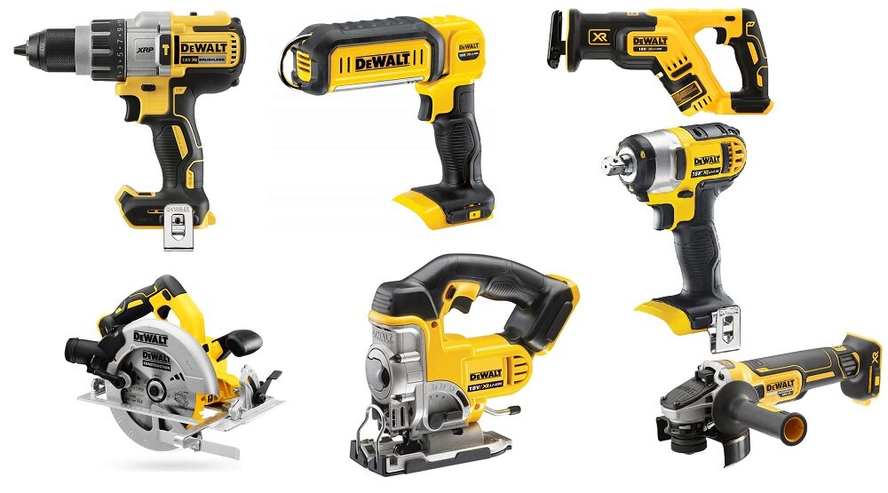 Zestaw elektronarzędzi DEWALT DCK854P4 komplet elektronarzędzi wiertarko-wkrętarka DCD996 zakrętarka udarowa DCF880 pilarka tarczowa DCS570 pilarka szablasta DCS367 młotowiertarka DCH273 wyrzynarka DCS331 szlifierka kątowa DCG405 latarka DCL050 zasilane akumulatorami wydajność niezależność komfort pracy niezależność od zasilania sieciowego