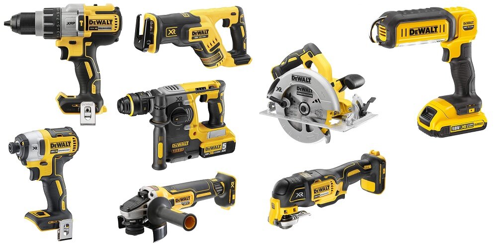 Zestaw elektronarzędzi DEWALT DCK853P4 w zestawie wiertarko-wkrętarki DCD996 zakrętarka DCF880 pilarka tarczowa DCS570 piła szablasta DCS367 młotowiertarka DCH273 narzędzie wielofunkcyjne DCS355 szlifierka kątowa DCG405 latarka DCL050 zasilane akumulatorów 18 V wydajność niezawodność komfort pracy niezależność od zasilania sieciowego