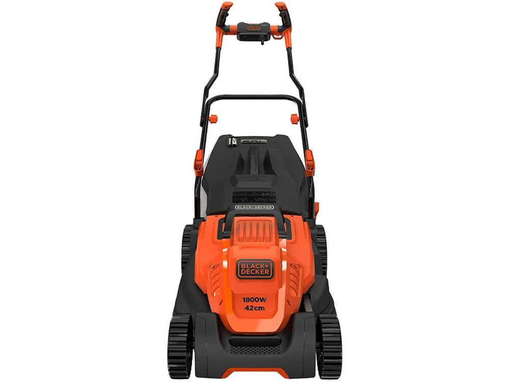 Kosiarka elektryczna BLACK&DECKER BEMW481BH-QS 1800W noże z wysokiej jakości metalu wyprofilowane kształtowanie krawędzi tnących szerokość robocza do 42 cm wysokość od 20 do 70 mm koszenie z uwzględnieniem preferowanej wysokości trawy mechanizm sprężynowy 6-stopniowa skala