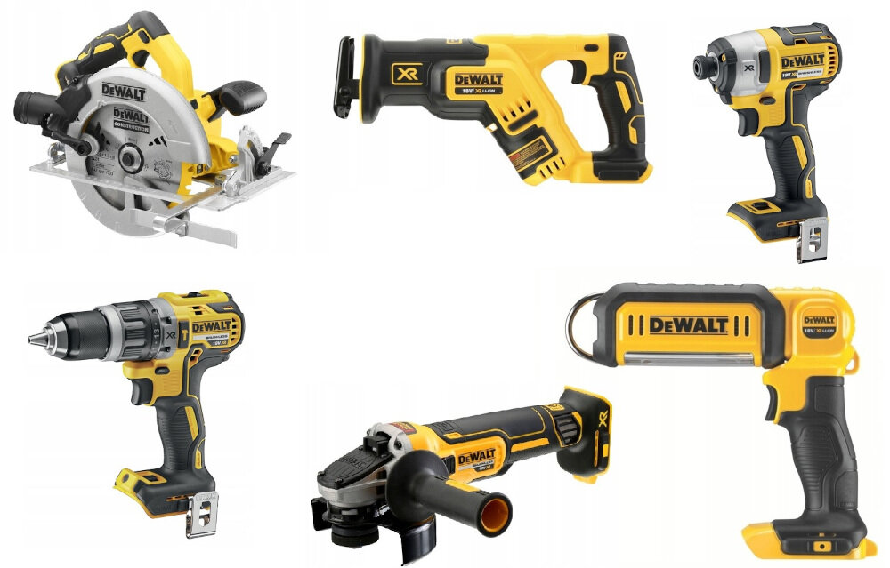 Zestaw elektronarzędzi DEWALT DCK623P3 komplet elektronarzędzi wiertarko-wkrętarka DCD796 zakrętarka udarowa DCF887 pilarka tarczowa DCS570 pilarka szablasta DCS367 szlifierka kątowa DCG405N latarka DCL050 zasilane za pomocą akumulatora wydajność niezawodność komfort pracy niezależność od zasilania sieciowego