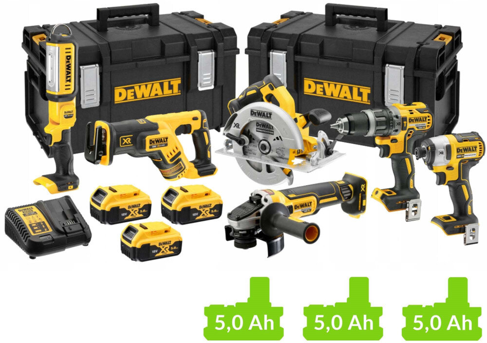 Zestaw elektronarzędzi DEWALT DCK623P3 w zestawie wiertarko-wkrętarka DCD796 zakrętarka udarowa DCF887 pilarka tarczowa DCS570 pilarka szablasta DCS367 szlifierka kątowa DCG405N latarka DCL050 3 akumulatory ładowarka dwa kufry DS300 instrukcja obsługi w języku polskim karta gwarancyjna