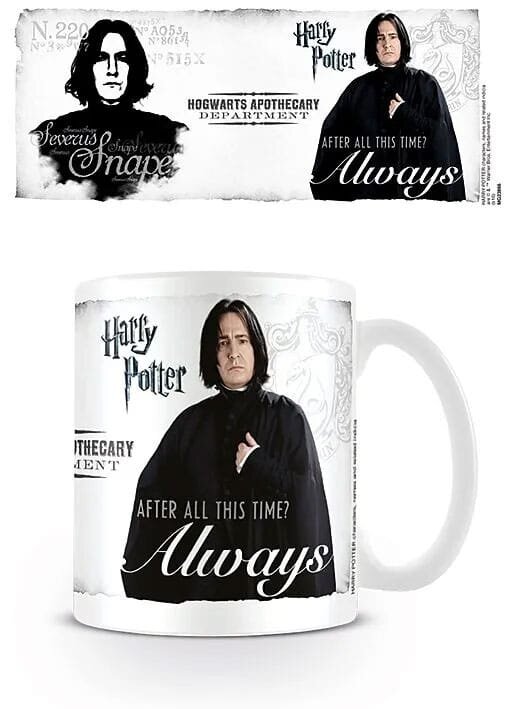 Kubek z nadrukiem postaci w czarnej szacie oraz tekstem \'Harry Potter\', \'Hogwarts Apothecary Department\', \'After all this time? Always\'.