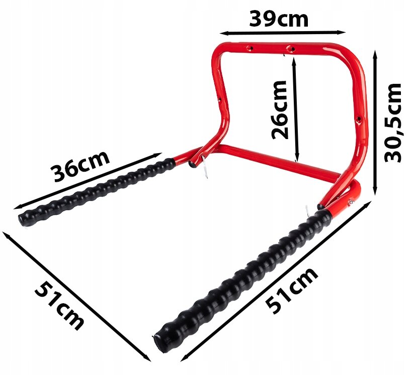 Na obrazie widoczny jest czerwony, stalowy uchwyt rowerowy z czarnymi, gumowymi osłonami na ramionach. Wymiary uchwytu to 39 cm szerokości, 26 cm wysokości, 30,5 cm głębokości, a długość ramion wynosi 51 cm i 36 cm.