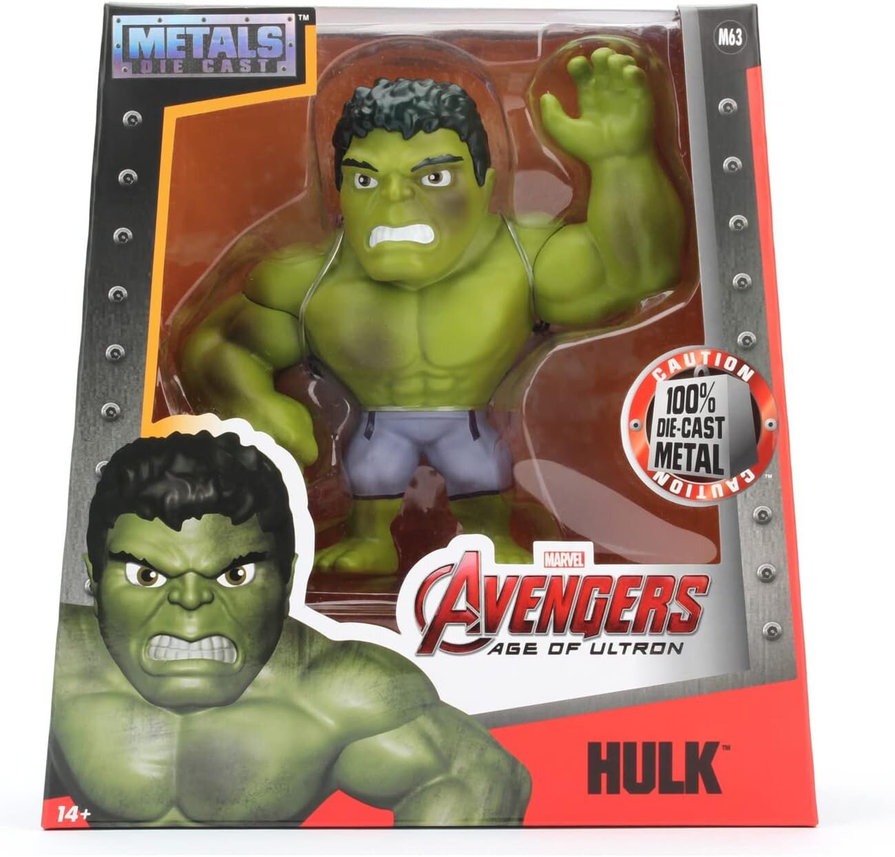Opakowanie z figurką przedstawiającą zielonego Hulka z serii Avengers, wykonane z metalu. Na opakowaniu widnieje napis \'100% Die-Cast Metal\' oraz logo \'Avengers Age of Ultron\'.