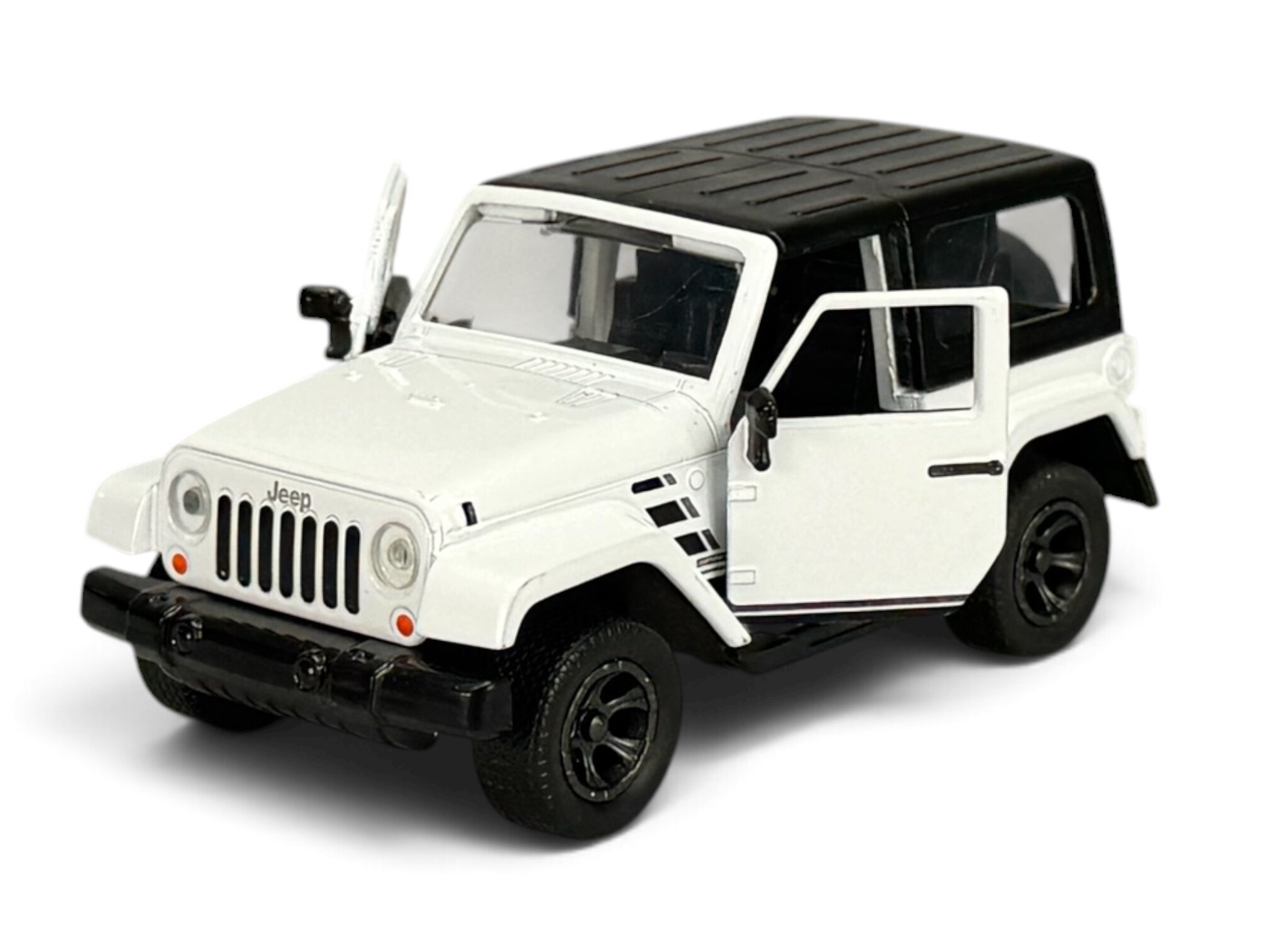 Model metalowy białego Jeepa Wranglera z otwartymi drzwiami i czarnym dachem. Na przodzie widoczne jest logo \'Jeep\'.