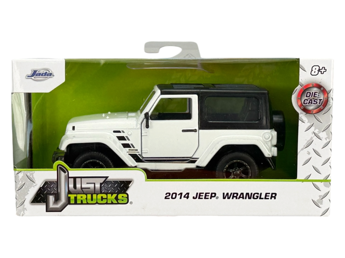 Opakowanie modelu samochodu 2014 Jeep Wrangler w skali 1:32, w kolorze białym, z logo \'Jada\' i napisem \'Just Trucks\'.