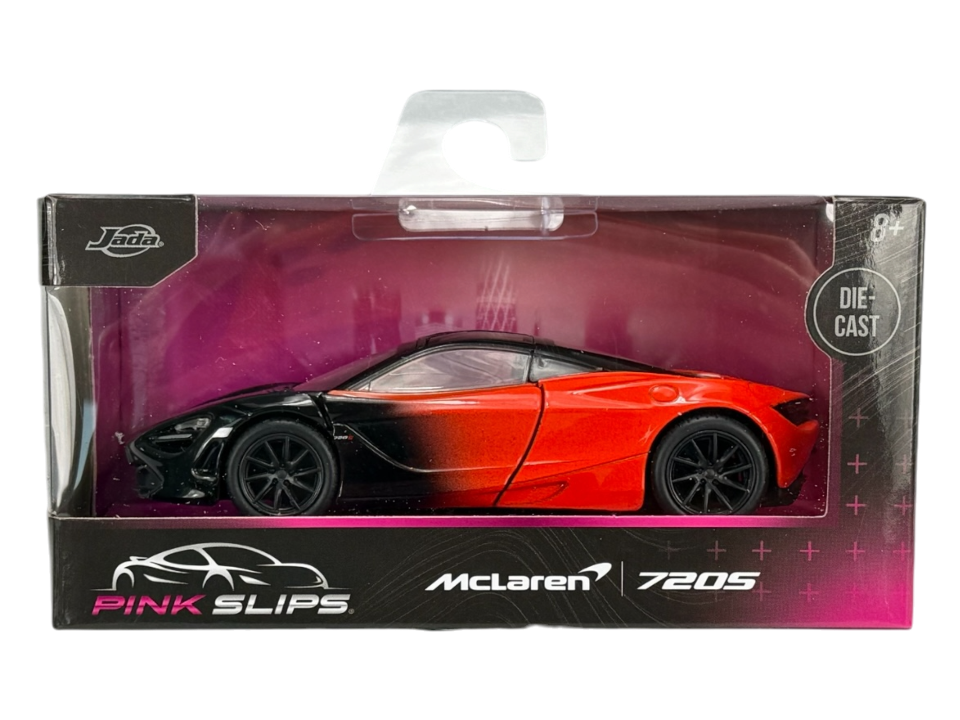 Model samochodu McLaren 720S w kolorze pomarańczowym i czarnym, zapakowany w pudełko z przezroczystym frontem. Na opakowaniu widoczne są loga: Jada, Pink Slips, McLaren 720S oraz napis \'DIE CAST\'.