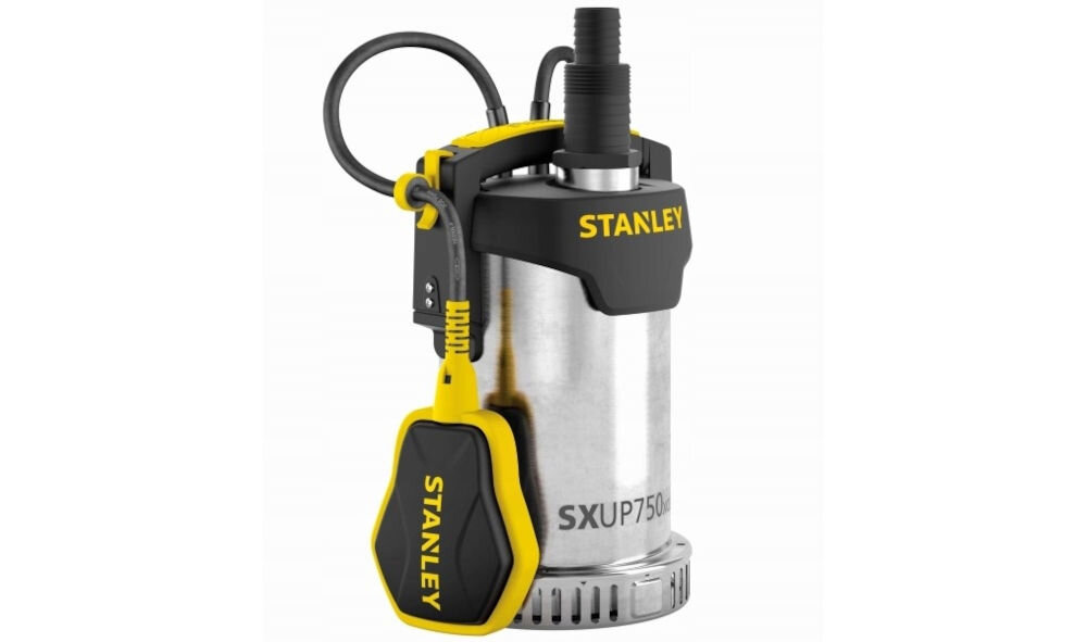 Pompa do wody STANLEY SXUP750XCE elektryczna, odporowadzenie, przepompowanie, litry, woda, na białym tle pełni rozpakowana pompa do wody frontem na wprost