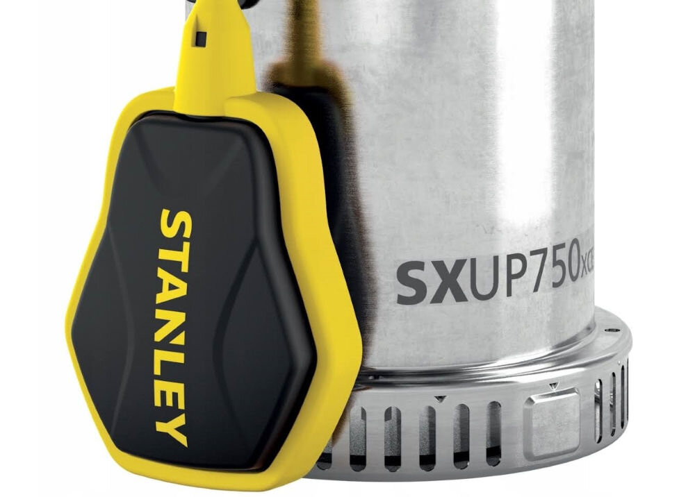Pompa do wody STANLEY SXUP750XCE elektryczna, wbudowane, układ, pływak, kontrola, na białym tle zbliżenie na pływak pompy do wody