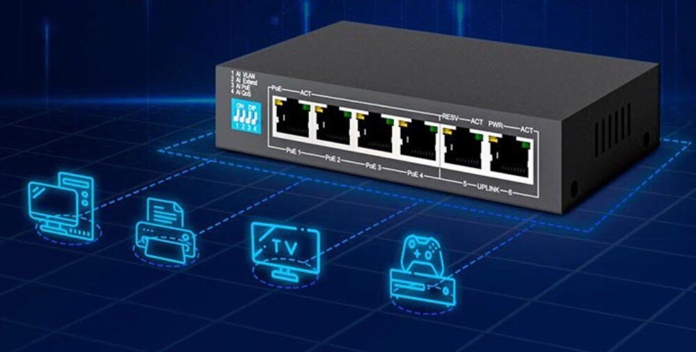 Switch EXTRALINK Krios EX-SG1005P Czarny switch Krios z sześcioma portami, podłączony do komputera, drukarki, telewizora i konsoli do gier na niebieskim, siatkowym tle