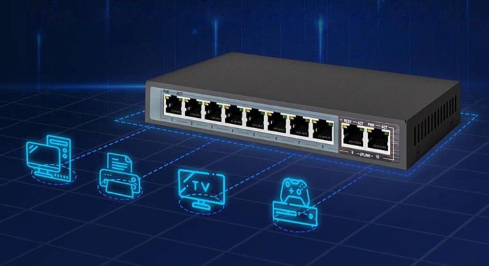 Switch EXTRALINK Perses EX-SG1008PE Grafika przedstawiająca czarny przełącznik sieciowy połączony liniami z ikonami komputera, drukarki, telewizora z napisem 'TV' i kontrolera do gier, opis