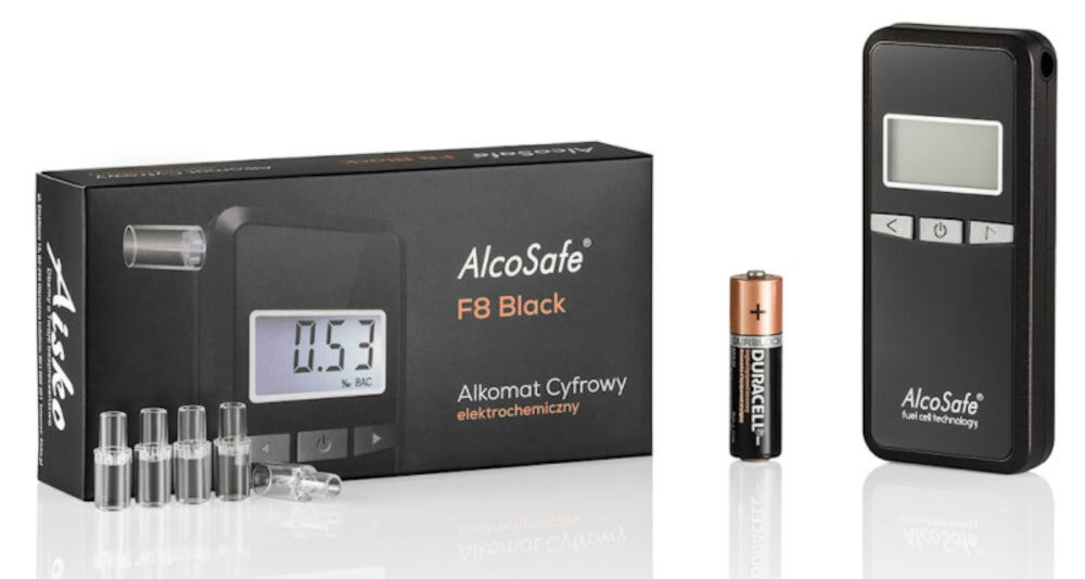 Alkomat ALCO SAFE F-8 Czarny zasilanie baterią alkaiczną 1.5 V AA auto-off sygnalizacja źle przeprowadzonej próby moduł kontroli temperatury