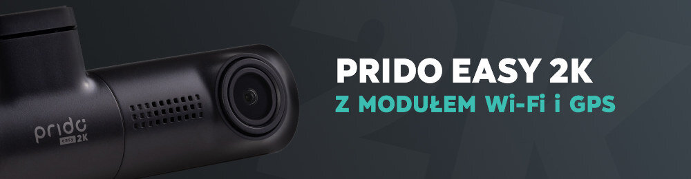 Obraz przedstawia wideorejestrator z napisem \'prido easy 2k\' oraz tekstem \'PRIDO EASY 2K Z MODUŁEM WI-FI I GPS\'.