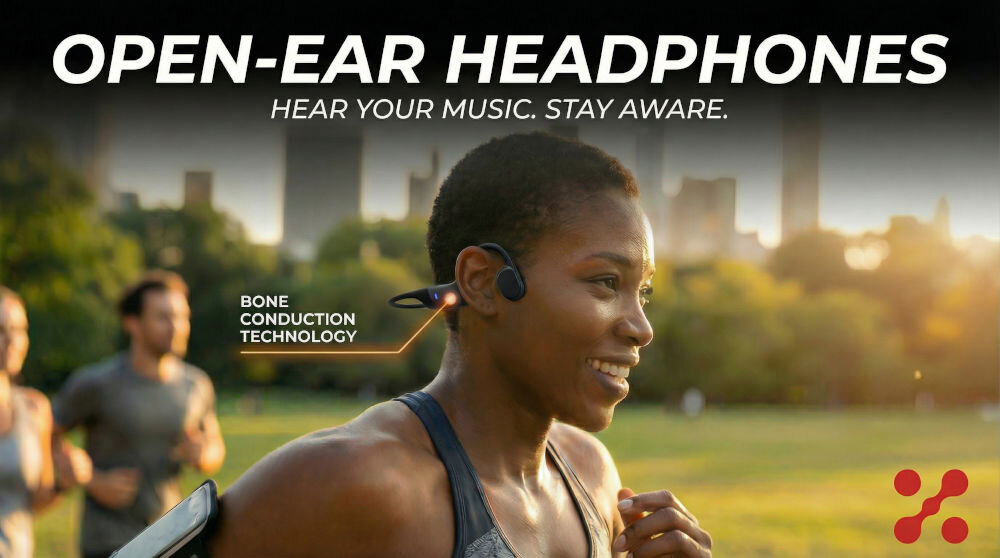 Osoba biegnąca w parku nosi czarne słuchawki kostne. Na obrazie widoczny jest tekst: \'OPEN-EAR HEADPHONES HEAR YOUR MUSIC. STAY AWARE. BONE CONDUCTION TECHNOLOGY\'.