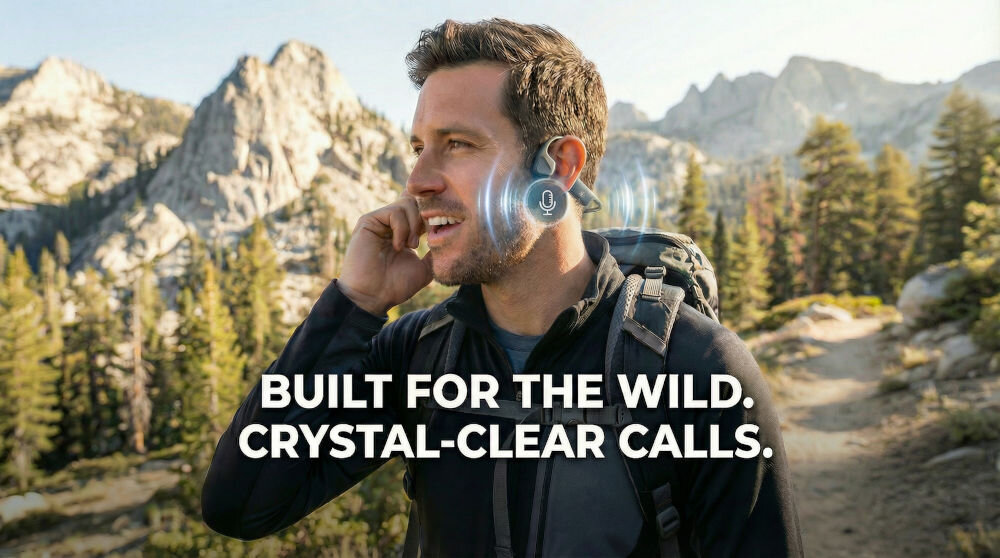 Osoba w plenerze nosi słuchawki kostne, a na obrazie widoczny jest tekst: \'BUILT FOR THE WILD. CRYSTAL-CLEAR CALLS.\'.