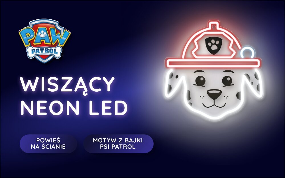 Obraz przedstawia neon LED w kształcie postaci z bajki Psi Patrol, z napisem \'WISZĄCY NEON LED\'. Widoczne są również przyciski z napisami \'POWIEŚ NA ŚCIANIE\' i \'MOTYW Z BAJKI PSI PATROL\'.