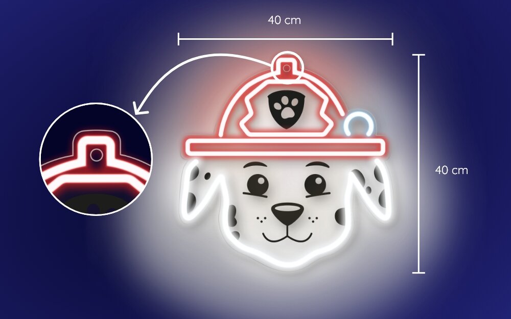 Neon LED przedstawiający postać z Psiego Patrolu, z wymiarami 40 cm na 40 cm. Widoczny jest kask z symbolem łapy oraz szczegóły twarzy postaci.