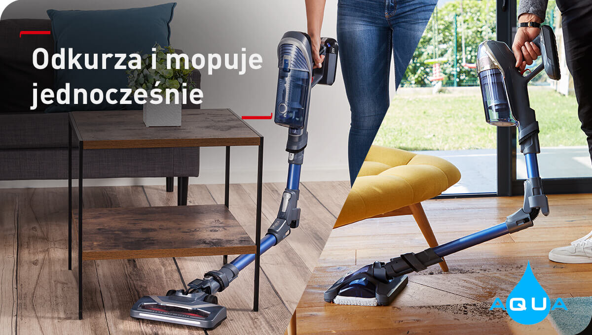Obraz przedstawia odkurzacz pionowy z elastyczną rurą, używany do czyszczenia podłogi i dywanu. Na obrazie widoczny jest tekst: \'Odkurza i mopuje jednocześnie\' oraz logo \'AQUA\'.