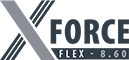 Logo z napisem \'X-Force Flex 8.60\' w kolorze szarym i czarnym.