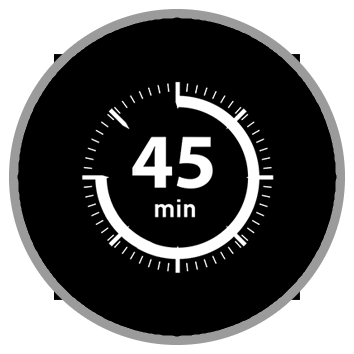 Czarny okrąg z białym napisem \'45 min\' oraz białymi znacznikami wokół, przypominający zegar.