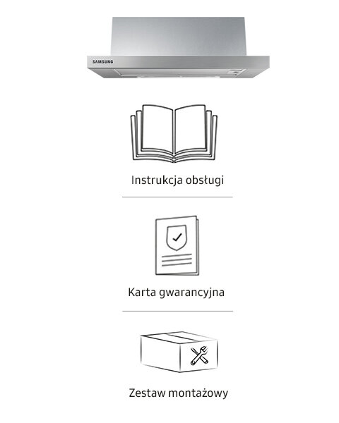 Obraz przedstawia okap kuchenny z logo Samsung, a poniżej znajdują się ikony: otwartej książki z napisem \'Instrukcja obsługi\', dokumentu z napisem \'Karta gwarancyjna\' oraz pudełka z narzędziami z napisem \'Zestaw montażowy\'.